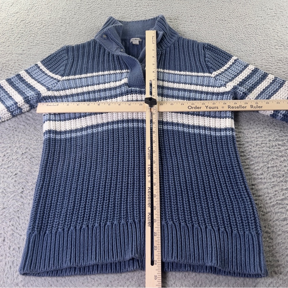 LL Bean Sweater Womens Medium Blue Striped 1/4 Snap Mock Neck Chunky Knit Cotton - Picture 6 of 8